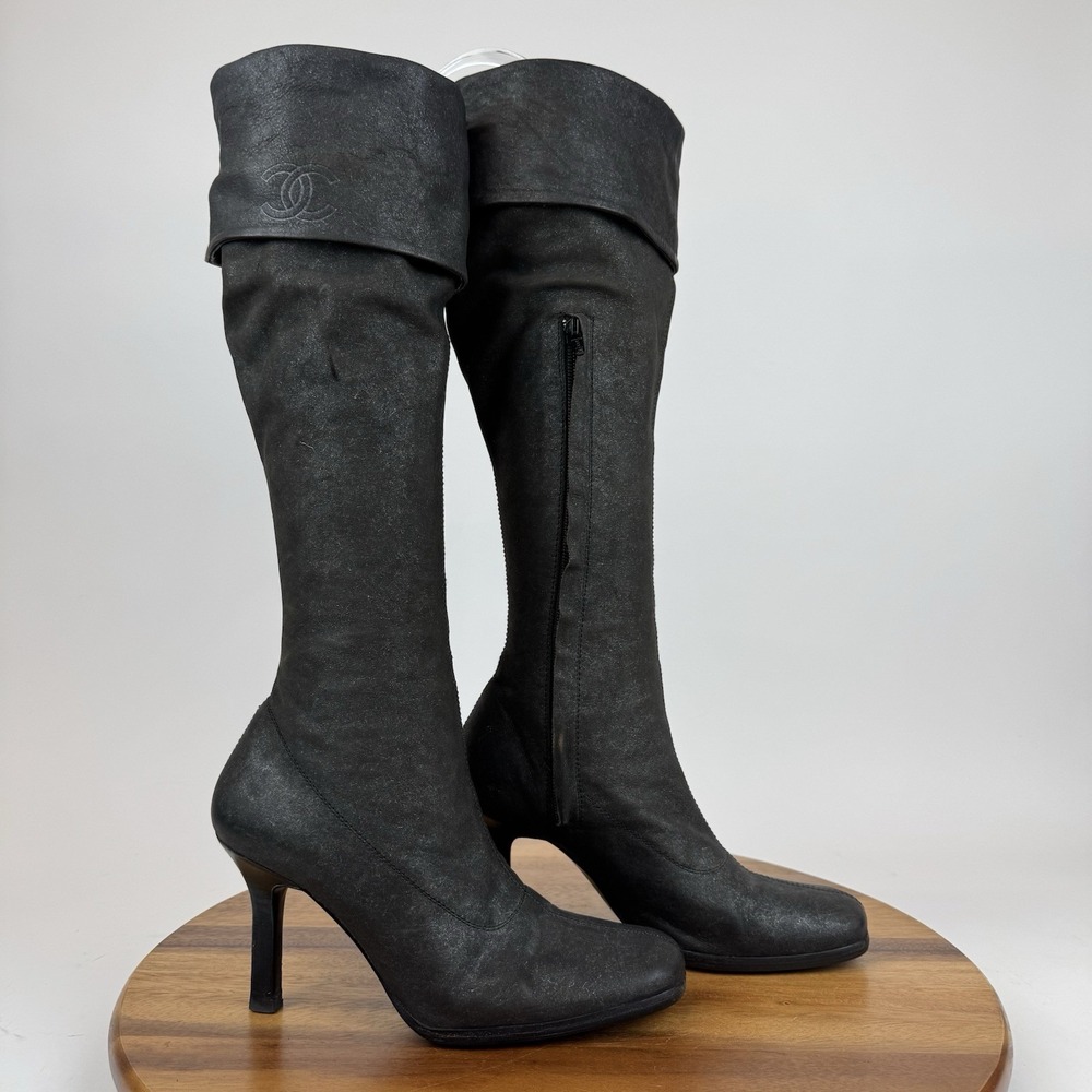 Womens Chanel Gray Shimmer Leather Cuff Tall Heeled‎ Riding Boots Size EU 37.5